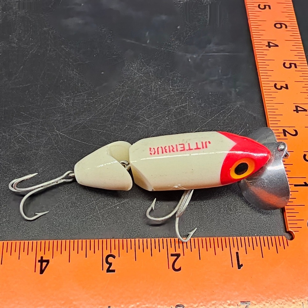 Arbogast Jitterbug Jointed Fishing Lure Red Head White Topwater Plug 3.5"